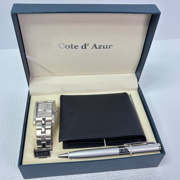 Cote d'Azur Other - Cote dAzur Mens Watch Wallet Pen Gift Set Silver Tone Rectangle Face Black NIB